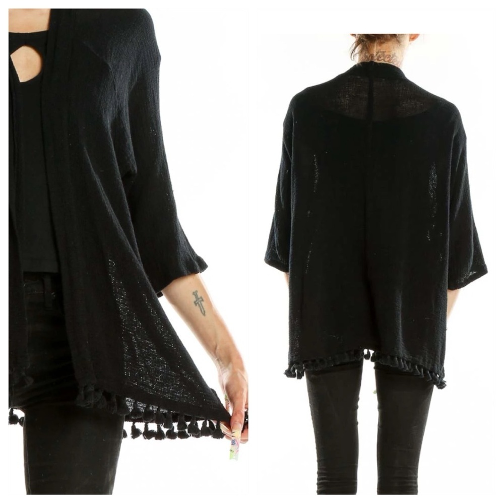 Michael Stars Anthropologie Black Open Cardigan Wrap Tassel Open Knit Sweater OS